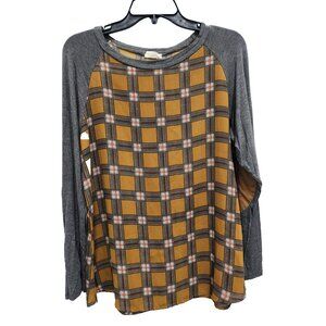 143 Story by Line Up Tunic Top Womens Small Gray Mustard Plaid BOHO Long Sleeve